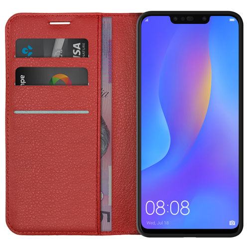 Leather Wallet Case & Card Holder Pouch for Huawei Nova 3i - Red